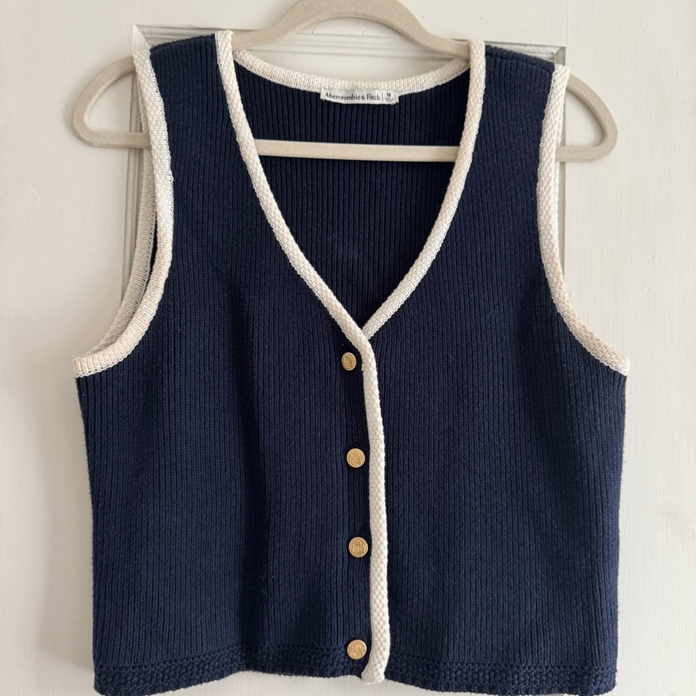 Abercrombie & Fitch Navy and Cream Cardigan Vest with Gold Buttons Medium